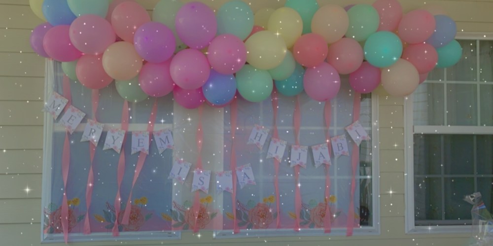 Hijab Party Decor Idea: Pastel-Colored Balloon Garland Theme with Banner