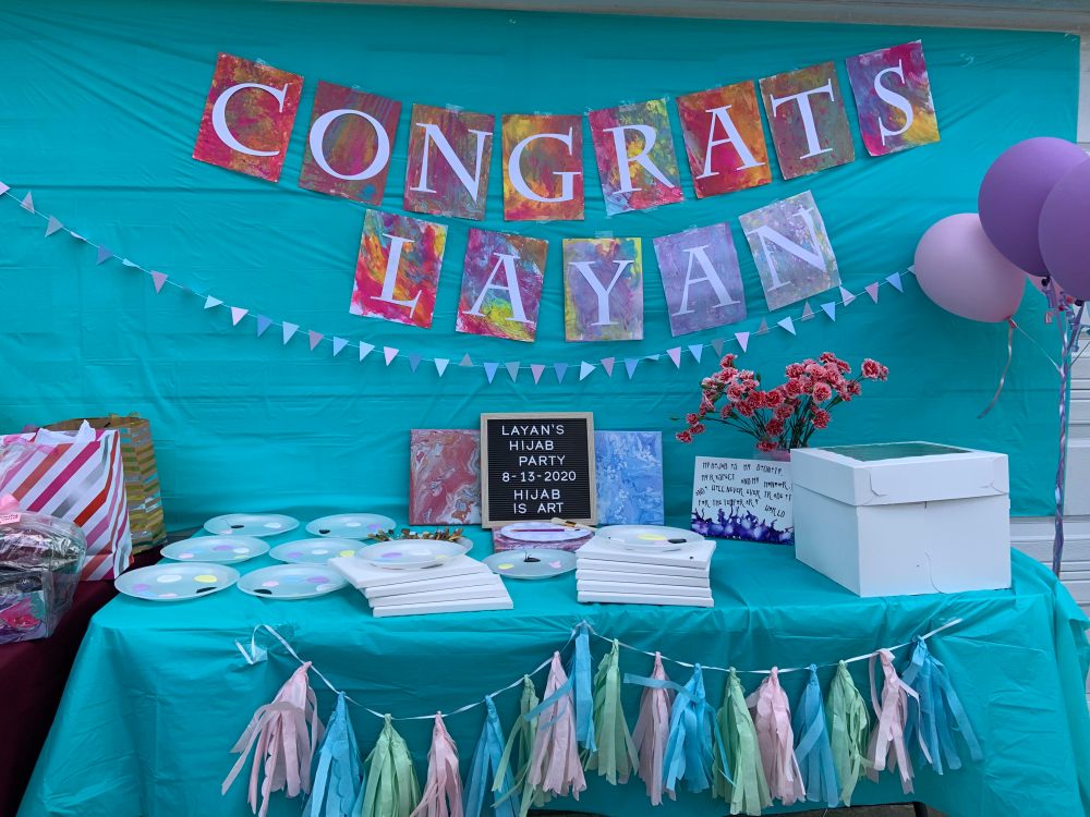 Pastel-themed, artist-themed party decor, backdrop for hijab party